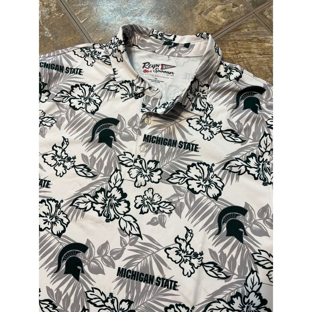 Reyn Spooner Polo Mens XL White New Michigan State Spartans Floral Shirt FLAWS - Picture 2 of 8